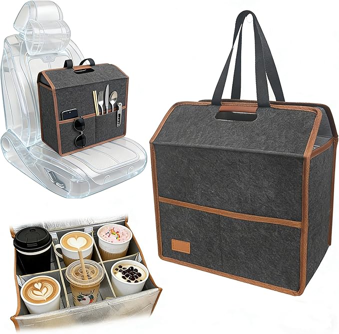 6 Cup Drink Carrier with Handle, Reusable Insulated Cooler Drink Caddy for Car Cup Holder, Foldable Coffee Carrier Bag with Adjustable Dividers, Portable for Car, Travel, Picnic Party, Food Delivery