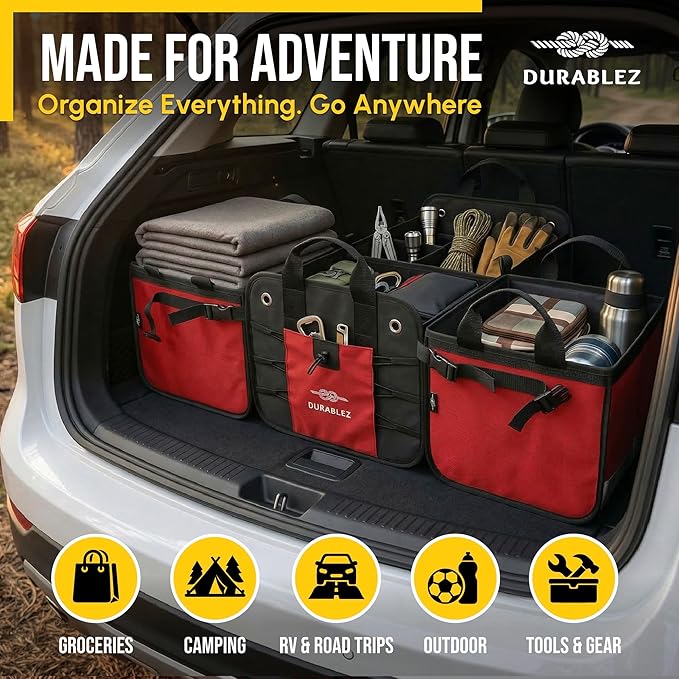 5-Section Trunk Organizer with Cooler – Extra Large Modular Car Storage System with Insulated Compartment, Foldable Multi-Module Cargo Organizer for Groceries & Travel – Red
