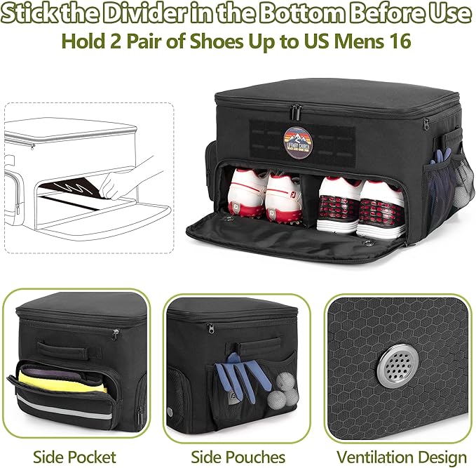 GOBUROS Golf Trunk Organizer Storage with Separate Compartment for 2 Pair Shoes Up to US Mens 16, Golf Car Locker Organizer for Balls, Tees, Clothes, Gloves, Accessories, Black