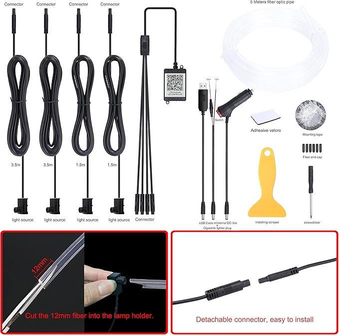 Car Atmosphere Light Kit 5m Fiber Optic RGB Multicolor Sound Active Music Sync Memory Function Bluetooth APP Control 64 Colors USB Car Interior Ambient Lighting Kit DC 12V