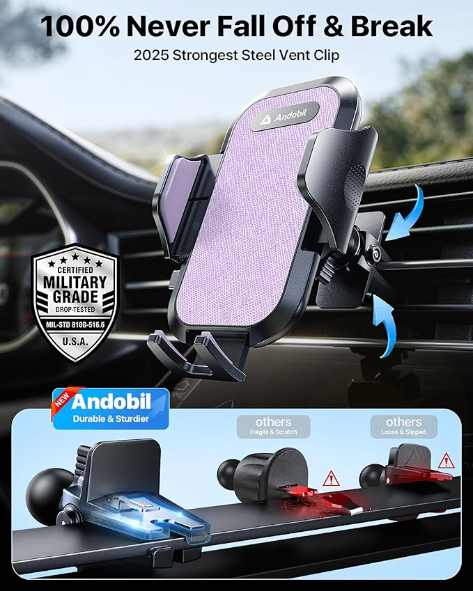andobil 2026 Upgraded Car Phone Holder Mount, Military-Grade Phone Holders for Your Car Vent Stable Metal Clip Universal 360° Cell Phone Car Mount for iPhone 17 Pro Max 16/15/14/13/12/ Samsung, Purple