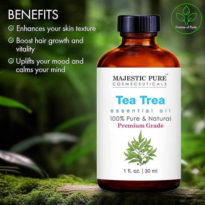 Majestic Pure Essential Oil with Glass Dropper - 100% Pure and Natural - Essential Oils for Diffuser, Aromatherapy, Soap and Candle Making, Tea Tree Essential Oil, Tea Tree Oil, 1 Fl Oz