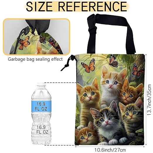 Cute Cats with Butterfly Car Trash Bag, Hanging Drawstring Car Garbage Bag,Canvas Car Back Seat Organizer with Adjustable Buckle for Men and Women