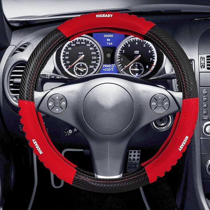 Sport Style Black Carbon-Fiber Steering Wheel Cover with Red Strip Grip Steering Wheel Accessory,Universal Fit 14.75-15 inch Steering Wheel