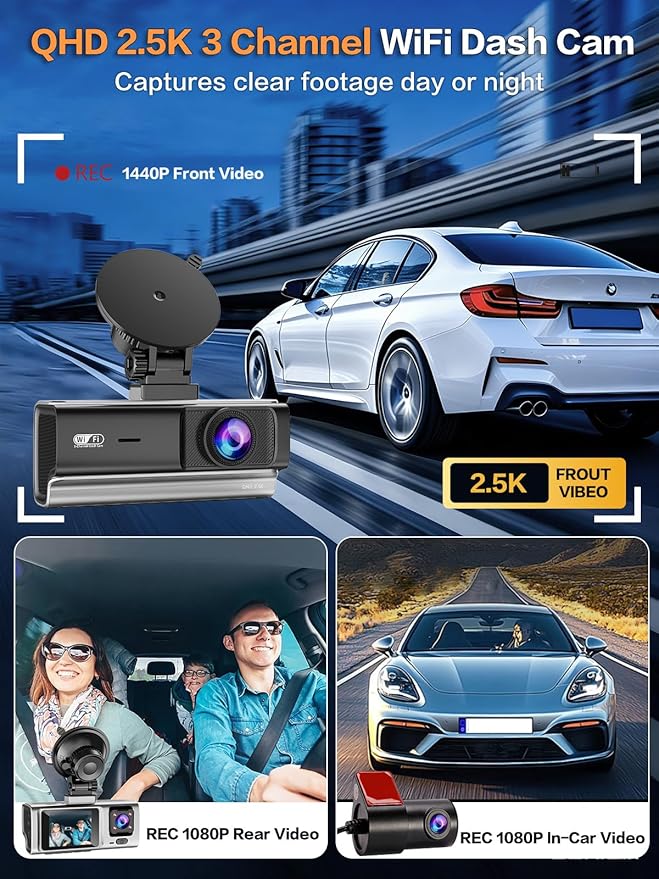 3 Channel Dash Cam, QHD 2.5K+1080P+1080P 3-Way Recording, WiFi Dash Camera with APP Control, 1440P Front+4 IR Lights, 24H Parking Mode with Time-Lapse, G-Sensor, Loop Recording,Free 64GB Card