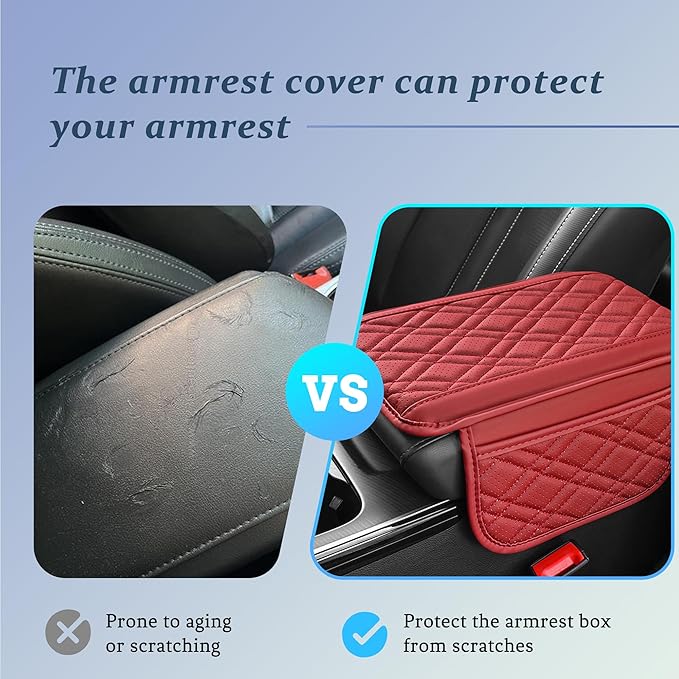 Car Center Console Cover, Leather Vehicle Arm Rest Cushion with 2 Storage Bags, Automotive Armrest Interior Seat Box Pad Accessories, Universal for SUV, Sedan, Truck (Red)
