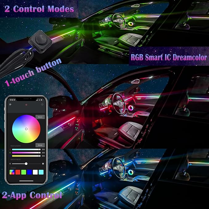 Dreamcolor Acrylic Interior Car LED Strip Light, RGB 22 in 1 Fiber Optic Ambient Lighting Kits, 16 Million Colors Sound Active Function Car Neon Lights with Wireless APP