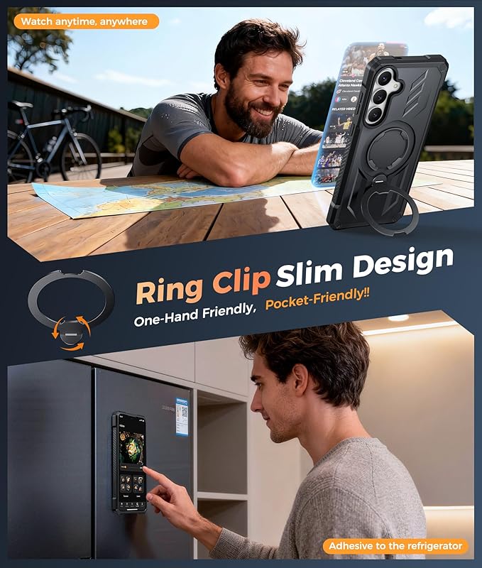 FNTCASE for Samsung Galaxy S25-FE Case: with [Magnetic Ring Kickstand] [Screen Protector] [Compatible with MagSafe] [Military-Grade Drop Protection] Heavy Duty Full Body Protective Phone Cover Black