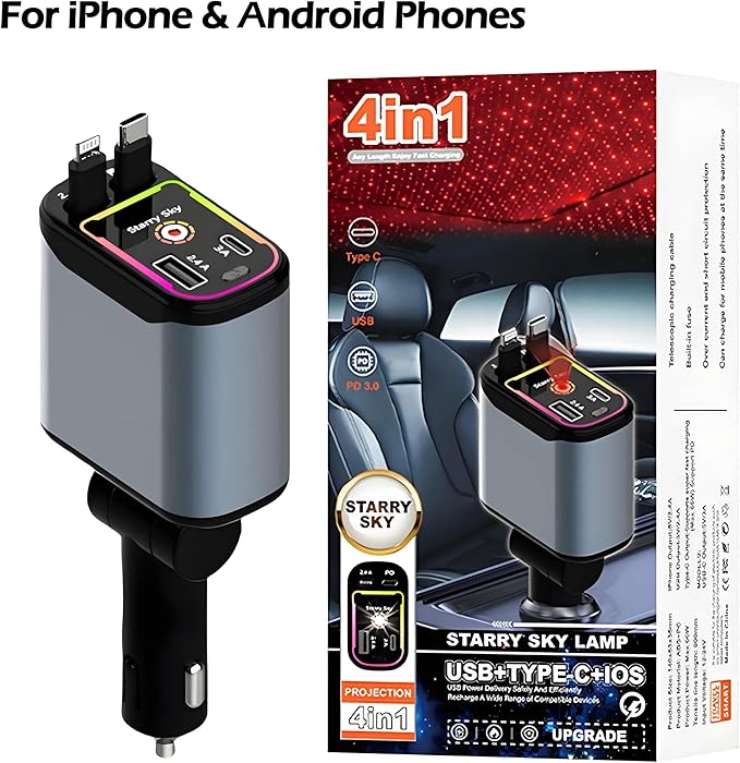 Retractable Car Charger 4 in 1 Fast Car Phone Charger | RGB Starlight | 2 Retractable Cords (Type C + iOS) with Additional 2 Ports | Charge 4 Devices | Compatible with Android & iPhone Models