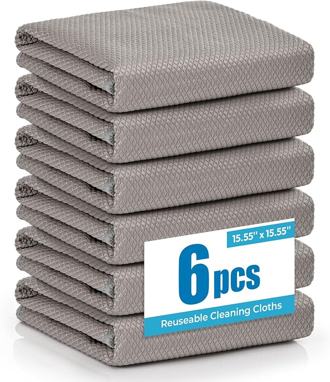 Professional Auto Detailing Microfiber Cloths 6 Pack, 15.5"x15.5" Glass Cleaning Towels for Car Windshield, Window and Interior, Lint Free Streak Free Polishing Rags for High Gloss Shine
