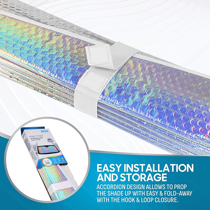 BDK Iridescent Mermaid Car Windshield Sun Shade Accordion Folding Sunshade for Windshield Blocks UV Rays Sun Visor for Car Front Window Protector - Easy Setup Keeps Vehicle Cool - 58 x 27