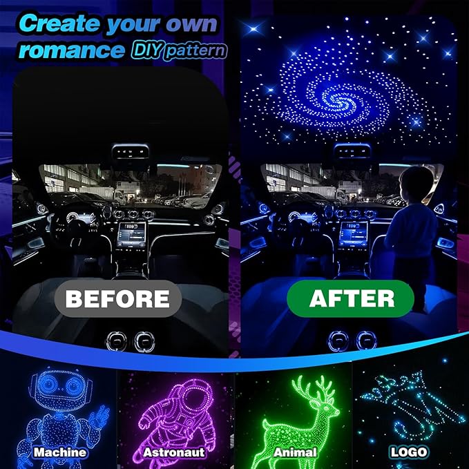 VASTFIRE Starlight Headliner Kit - 800pcs 0.02in 9.8ft Fiber Optic Star Lights for Car with 16W RGBW, Twinkle & Music Sync, APP/Remote Control for Car Roof/Bedroom Ceiling
