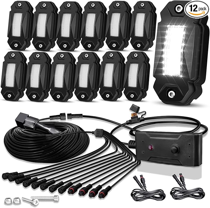 LEDMIRCY Pure White Rock Lights Kit with Switch Wire Harness 12PCS LED Rock Lights White for Off Road Trucks ATV UTV SUV RZR Underglow Trail Rig Light High Power Under Body Waterproof Shockproof