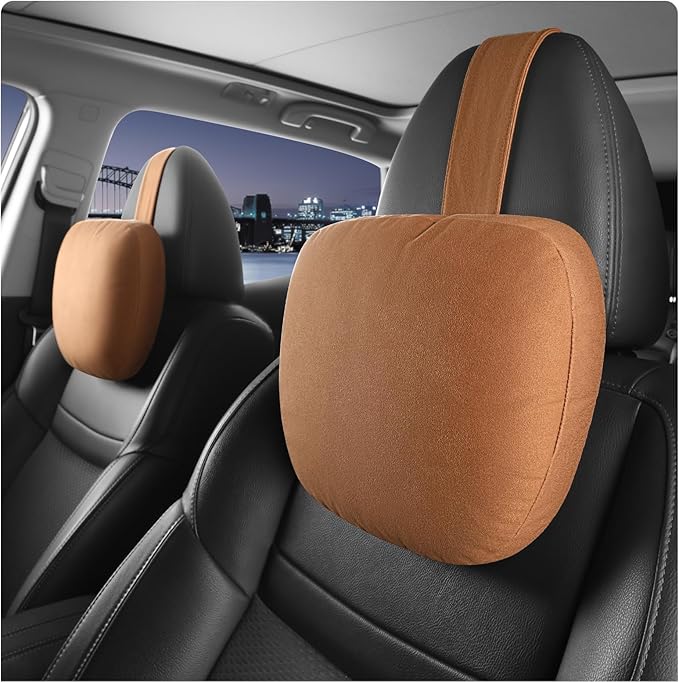 2pcs Car Neck Pillow for headrests,Support Drive Seats Head Cushion Pillows,Microfiber Velvet,Plant-Based Polyester,Thickness & Height Adjustable,11.8x7.5,Inner Liner fillable(Orange Brown)
