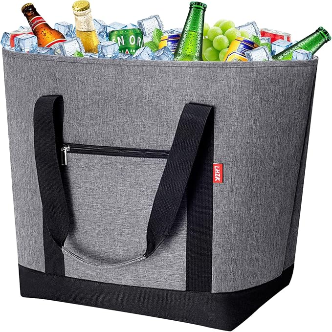 LHZK Jumbo Cooler Bag, Collapsible Leakproof Insulated Bag with Zipper & Handles, Soft Insulated Grocery Bags for Shopping, Travel, Beach, Picnic (50L, Grey)