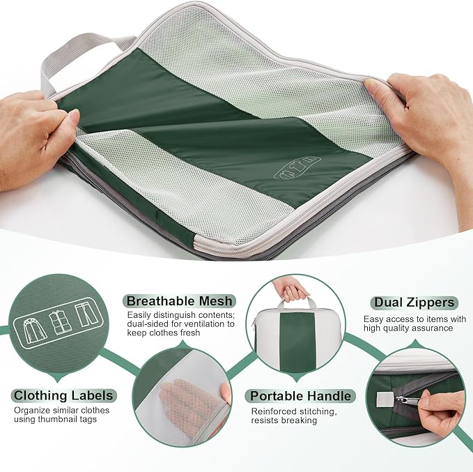 10 Set Compression Packing Cubes for Travel Essentials,Compressible Expandable Packing Cubes for Suitcase,OlarHike Luggage Organizer Bags for Travel,Handy Helper for Organizing Clothes(Dark Green)