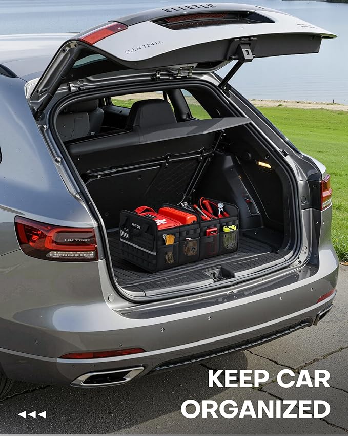 HOTOR Tactical Car Trunk Organizer - Foldable Trunk Organizer for SUV with Front MOLLE Pocket & Reflective Strips, Essential Car Accessories for Tools & Outdoor Storage, 12.8" x 21.7" x 11.0", Black