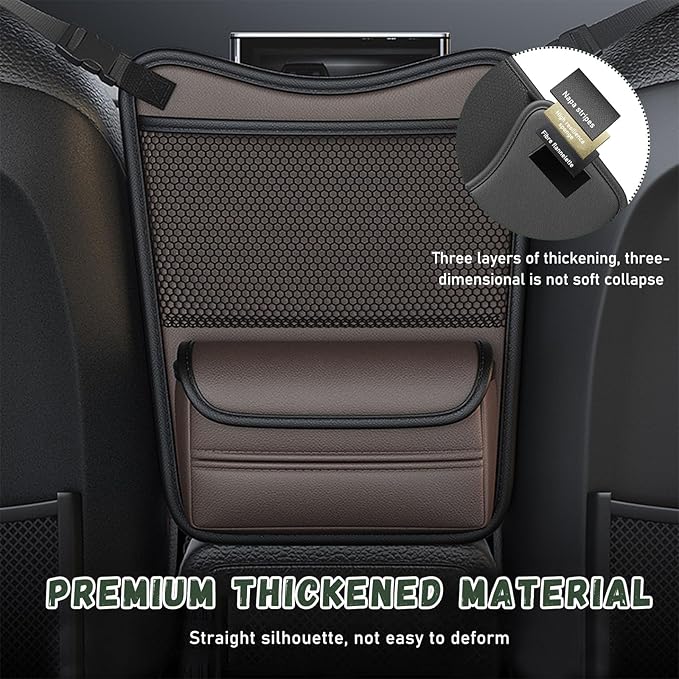 Car Organizer Storage Between Seats, Nappa Leather Auto Handbag Holder for Document Phone Storage, Large Capacity Automotive Console Pocket Purse, Car Accessories (Brown)