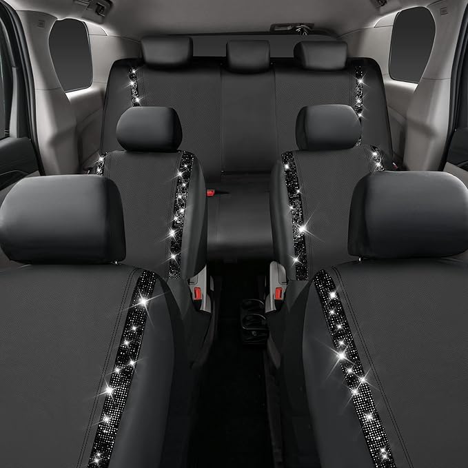 CAR PASS Bling Diamond Car Seat Covers, Shining Rhinestones Waterproof Faux Leather, 7 Seats 3 Rows with Zipper Glitter Crystal Sparkle Strips Universal Fit 95% MPV,SUV,CAR for Women Girl, Black