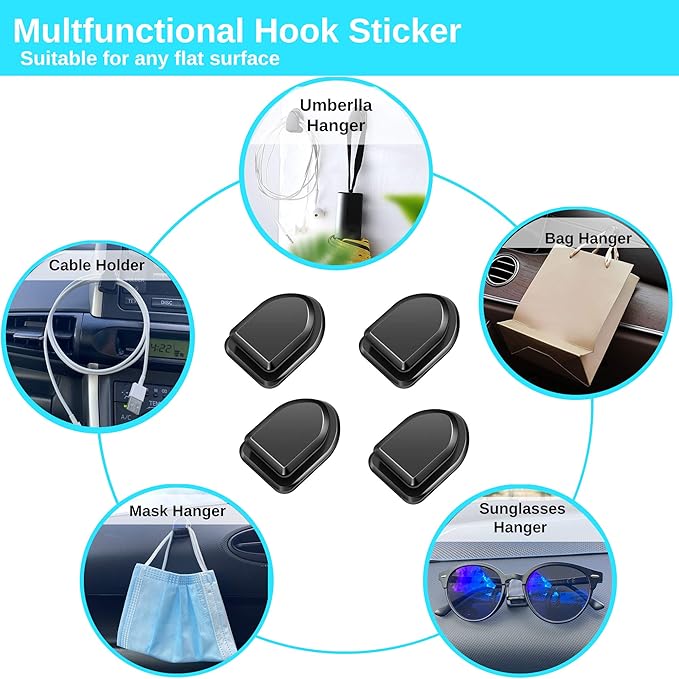Randconcept - Car Key Holder Hanger for Mask Car Dashboard Hook Stick on Dashboard | Wall Fob Hanging Hooks | Key Fob Holder | USB Cable Organizer | Earphone Cable Winder (4 Pack)