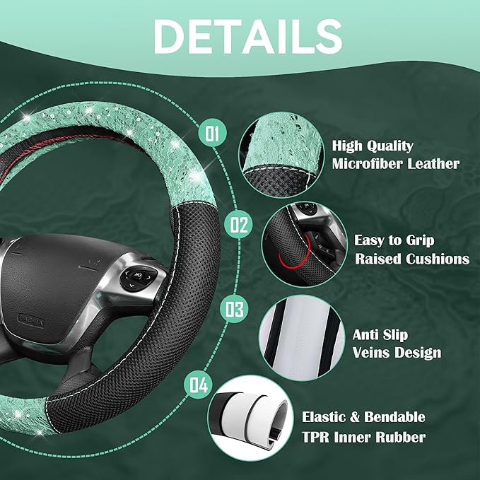 CAR PASS Universal Mint Leather Lace Car Seat Covers Full Set for Women Girls, Waterproof Car Floor Mats Carpet, Glitter Steering Wheel Cover for Car Accessories Interior Sets,10PCS Included