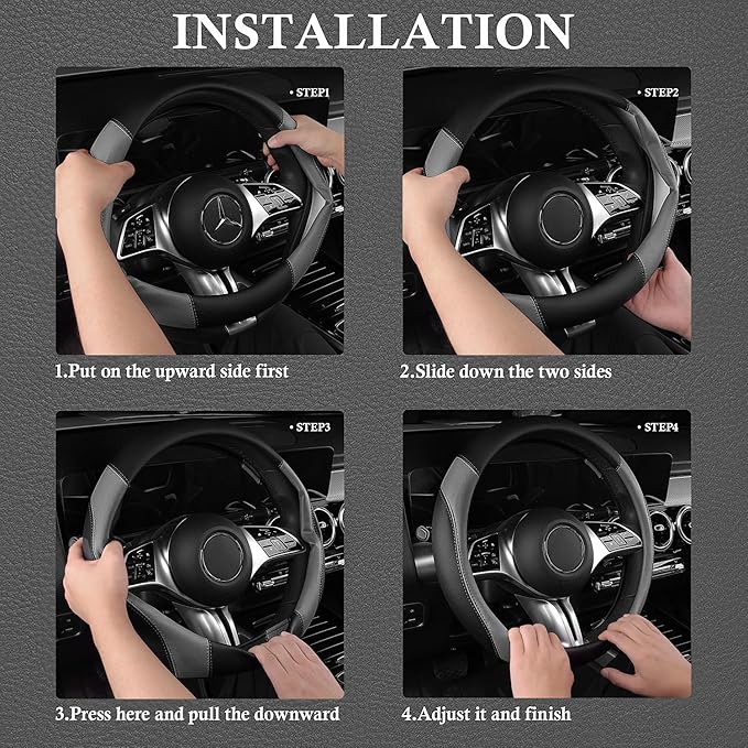 CAR PASS Faux Leather Steering Wheel Cover and Waterproof Car Floor Mats,Universal Car Combo Fit for 95% Sedan,SUV,Cars,14.5-15inch Sporty Anti-Slip Safety Comfortable Design(Black＆Gray)