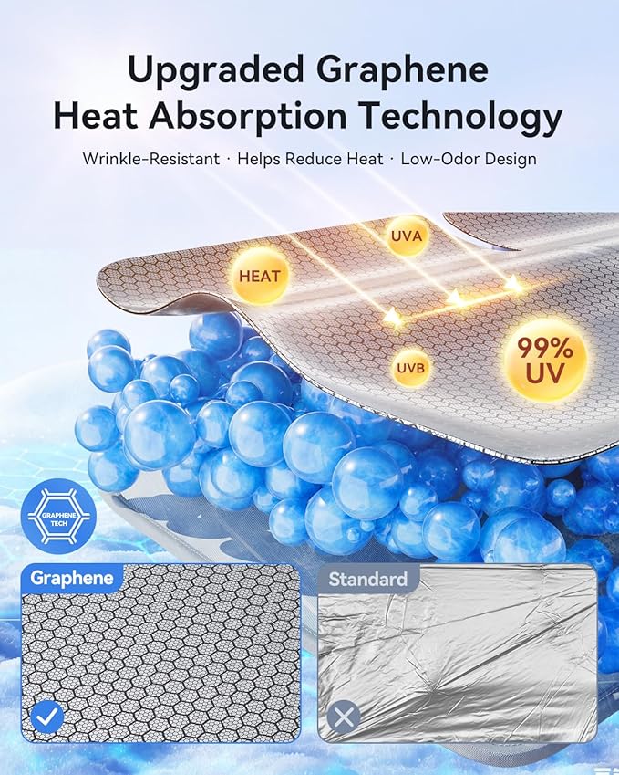 helloleiboo Graphene Car Windshield Sun Shade Car Sun Shade for Windshield with Heat Absorption Coating Foldable Design with UV Protection to Keep Your Car Interior Cooler Silver (X-Large-61 × 34 in)