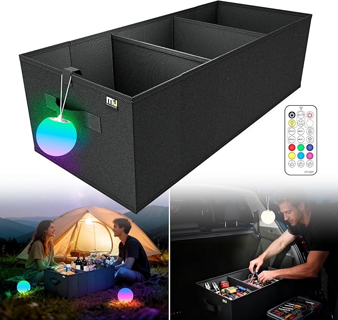 MIU COLOR Collapsible Car Trunk Organizer with 3-inch Rechargeable LED Ball Light Set for SUV, Sedan, Van, Camping, Party, Home Storage, Car Accessories for Men, Women, Color Glow Birthday Day Gifts