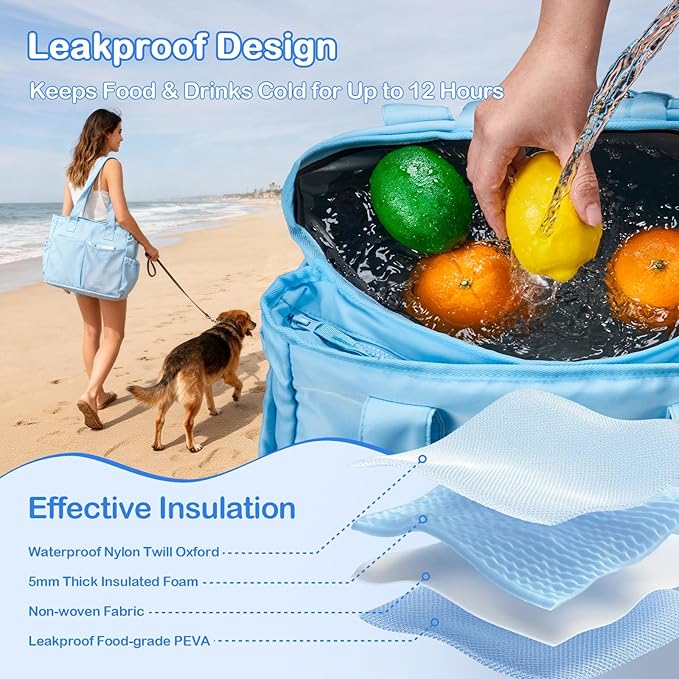 Odoland Soft Cooler Bag - Leakproof & Insulated, 2-in-1 Collapsible Design, Dry/Wet Separation, Large Soft Sided Cooler with Multi-Pocket Design for Beach, Picnic, Camping, Day Trip, Family Size