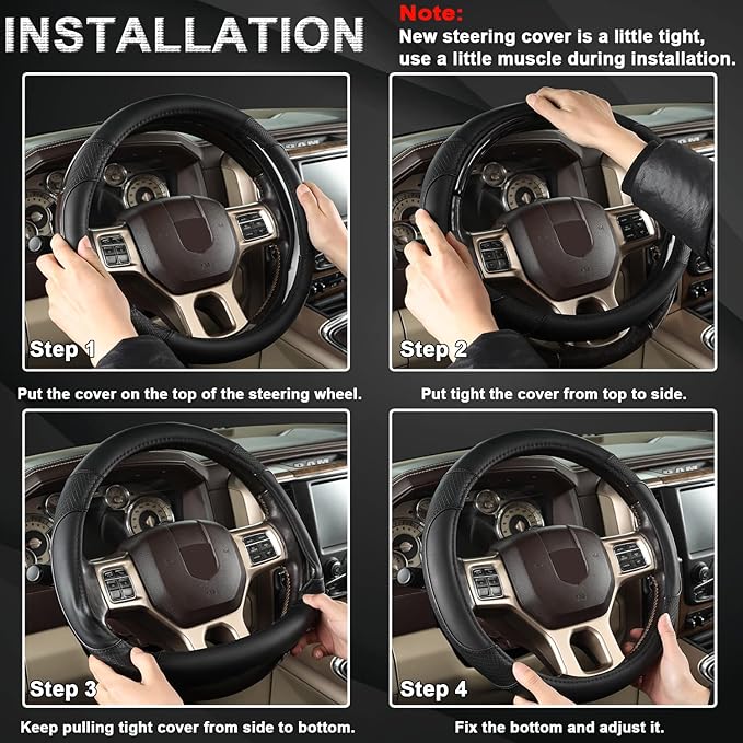GIANT PANDA Car Steering Wheel Cover for Dodge Ram 1500 2500 3500 15.5-16 inches- Solid Black