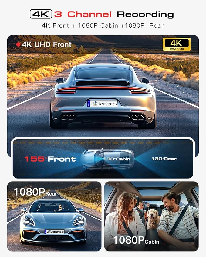 Jzones 4K 3-Channel Dash Cam Front and Rear with Cabin, STARVIS 2 Sensor, Dash Camera for Cars with WiFi 6, G-Sensor, Loop Recording, Night Vision, 24H Parking Mode, 64GB Card Included