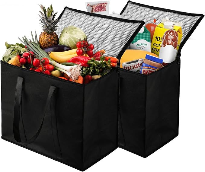 NZ home Insulated Bags for Food Delivery (XL Plus) Grocery Shopping Cooler Bag, Pizza Delivery, Hot & Cold Catering Tote, Reusable, Foldable & Heavy Duty (2 Pack, Black)