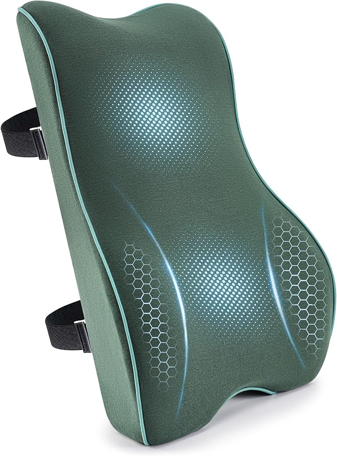 Lumbar Support Pillow for Office Chair, Back Support Pillow with Memory Foam, Relieves Back Pain, Removable Washable Cover & Adjustable Strap, for Car/Gaming Chair,Gift-Dark Green