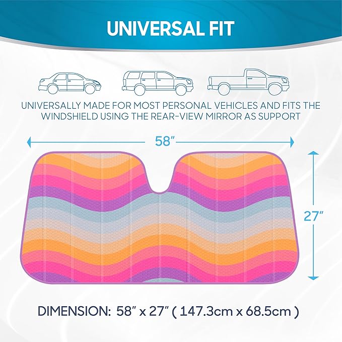 BDK Retro Wave Automotive Windshield Sunshades Accordion Folding Style - Windshield Sun Shade Auto Shade for Cars Trucks SUVs Vans Sun Visor Protector to Block UV Rays – Keeps Vehicle Cool 58” x 27”