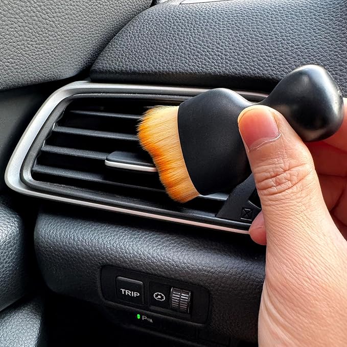 Car Detailing Brush, Soft Bristle Cleaning Brush, Scratch-Free Auto Duster Tool for Dashboard, Air Vents, Leather & Interior Cleaning (Black&Brown with Cap)