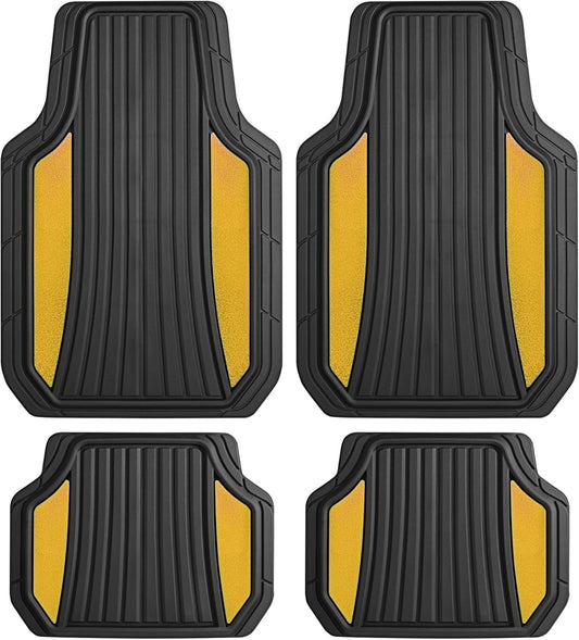 Motor Trend ChromeTech Car Floor Mats Full Set - Durable Rubber Floor Mats for Cars with Two Tone Accent, All Weather Interior Protection for Front and Rear with Non-Slip Backing, Black/Gold