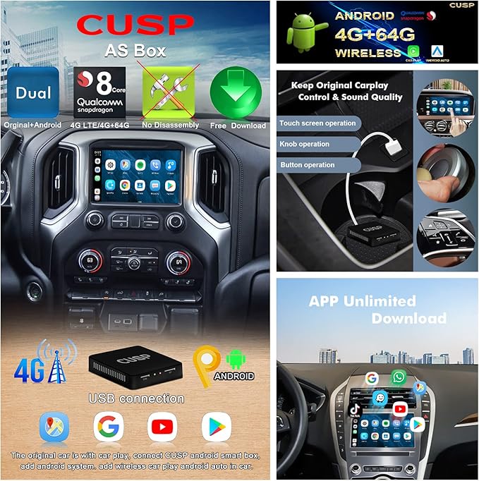 CUSP Wireless CarPlay AI Box for OEM Wired CarPlay Cars, Android Auto Adapter with 4GB+64GB, 4G SIM, Dual-Band WiFi, Bluetooth 5.0, GPS, Split Screen, Plug & Play