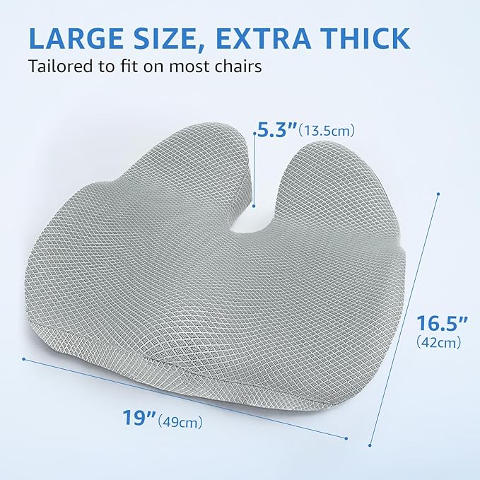Sytopia Extra Large Office Chair Cushion, 19" x 17" Ergonomic Memory Foam Seat Cushion, Pressure Relief for Tailbone Pain, Sciatica & Hip Pain, Booster Pad for Sitting & Driving, Gray