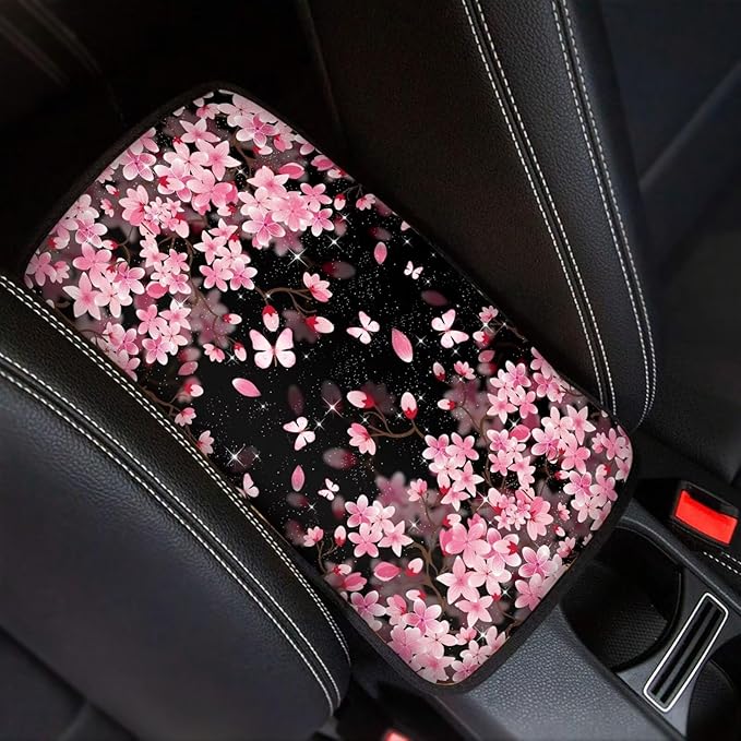 Dreaweet Car Center Console Cover Pink Cherry Blossoms Car Accessories Armrest Cover for Car Truck SUV Sedan for Women,Universal Armrest Cover for Car Center Console