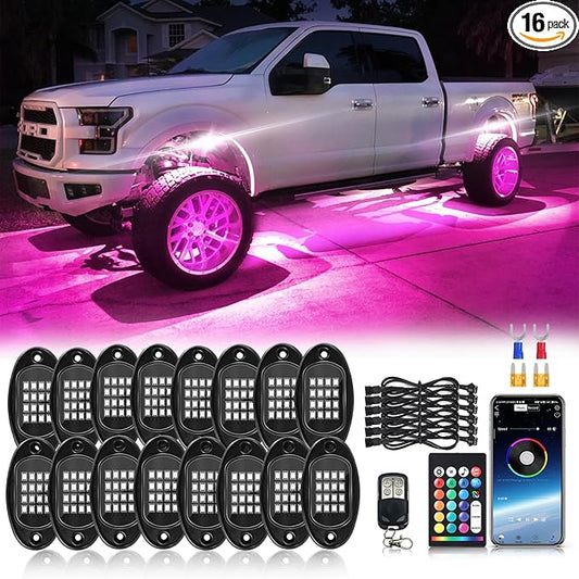 16Pods Segmented RGB LED Rock Lights Kit with APP/RF Remote Control, Upgraded Multicolor RGB Underglow Lights Brake Light for Jeep Golf Cart Trucks Pickup Neon Waterproof 12V Underbody Fender Light