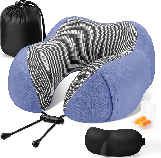 CloudBliss Travel Pillow Premium Memory Foam, Comfortable & Supportive Neck Pillow, Sleeping Neck Pillows for Travel, Airplane Pillow for Sleeping Airplane, Car, Office and Home（Blue）