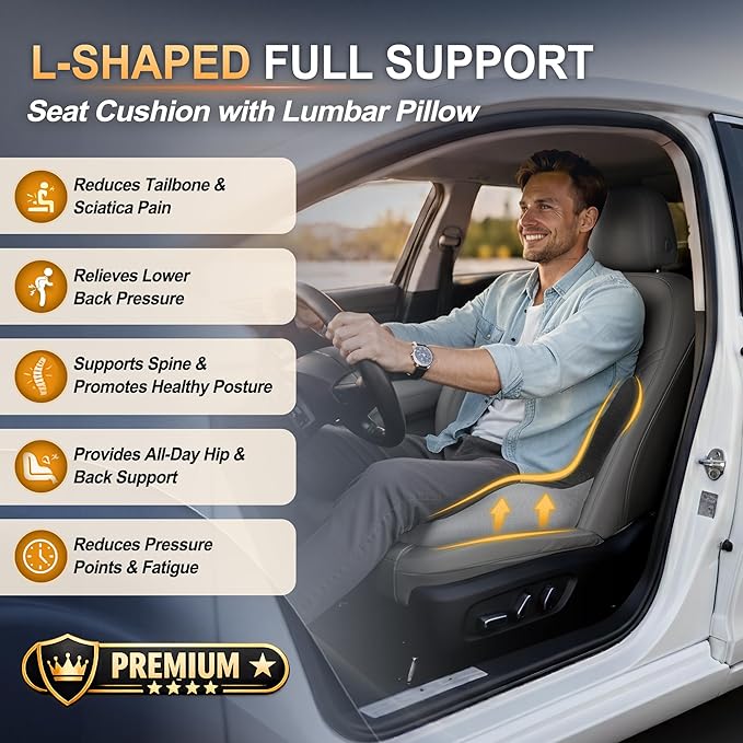 Memory Foam Car Seat Cushion with Lumbar Support, L-Shaped Ergonomic Design for Long Driving, Pressure-Relief Comfort for Car, SUV, Semi Truck & Office Chair