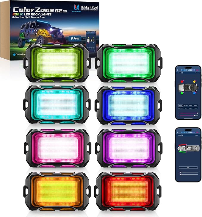 MICTUNING Q2+ MAX RGB+IC Rock Lights - 8 Pods Multi-Color DIY Effect Underglow Neon Kit, Individual Group Control, APP Music Sync, IP68 Waterproof