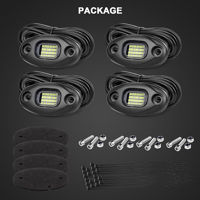 White Rock Lights with 15FT Wire Extender, Aluminum Case, 24Chip High Power 6000k Pure White, Waterproof IP68 Underglow Lights for Trucks Jeep UTV ATV (4 PCS)