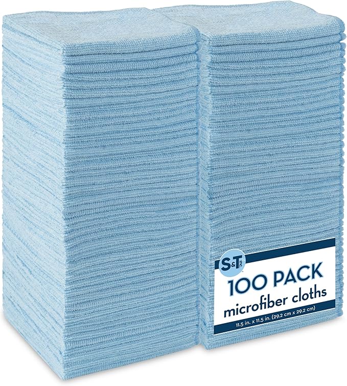 S&T INC. 100 Pack Microfiber Cleaning Cloth, Bulk Towels for Home, Reusable Microfiber Towels for Cars, Cleaning Rags, Light Blue, 11.5 Inches x 11.5 Inches, 100 Count(Pack of 6)