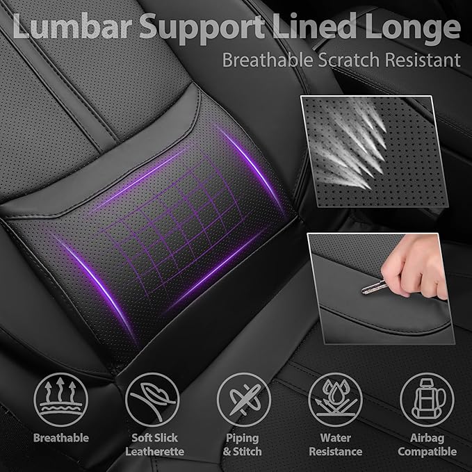 CAR PASS Nappa Leather Car Seat Covers, Water Resistant 3D Foam Faux Leather Seat Covers, Lumbar Support Automotive Seat Covers 2 Front Seats, Comfort & Universal Fit for Cars SUV Truck, Solid Black