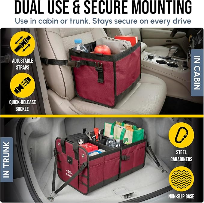 4-Section Trunk Organizer for SUV, Truck, Van, Sedan – Modular Extra Large Cargo Bin, Detachable Car Trunk Storage with Dividers, Collapsible Auto Organization System – Cherry