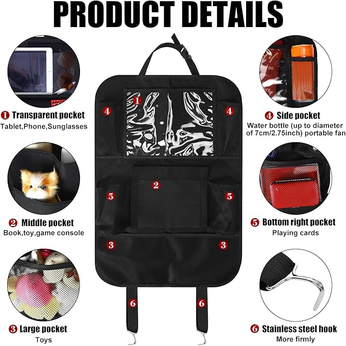 2 Pcs Backseat Car Organizers with Table Tray, 6 Storage Pockets Car Organizer with Tablet Holder, Kick Mats Protectors for Kids Travel Accessories Black, Unisex(Stylish,Black)