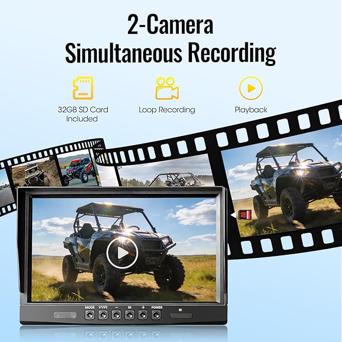 10.1" 2-Wired Backup Camera System, DVR Dual Screen Rear View Camera, IP69 Waterproof IR Night Vision, 20G Vibration-Proof for Trailer/Tractor/Truck/Combine/Skid Steer/Heavy Equipment/UTV, Y3