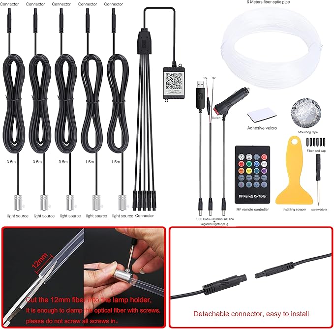 Car Ambient Lighting Optic Fiber 64 Colors Music Sound Active with RF Remote Control + APP Control Car Decorative Atmosphere Lighting Kit DC 12V 1W 6m